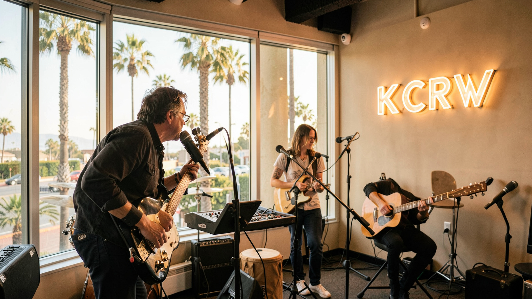 A bright Santa Monica radio studio with a sign reading KCRW