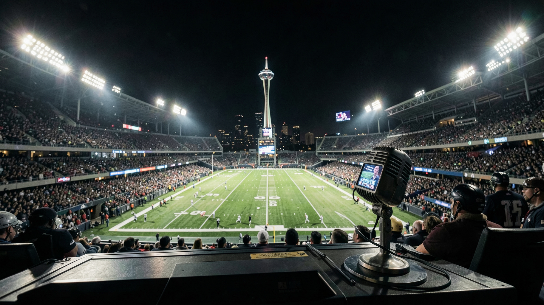 A packed Seattle stadium at night under bright lights with the Space Needle in the skyline and a commentary booth microphone in the foreground