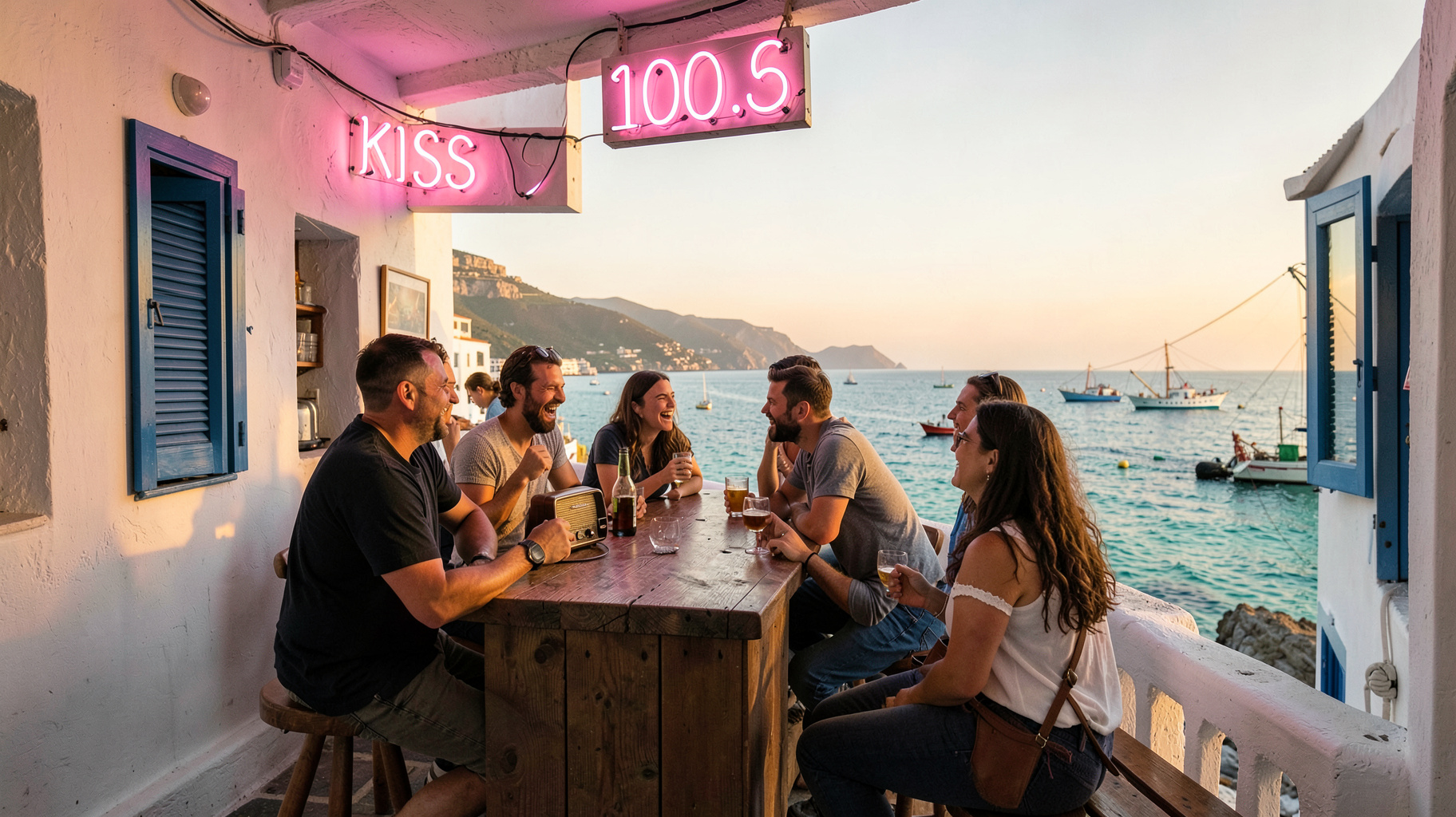 Seafront terrace bar on a Greek island with a neon sign reading Kiss 100.6