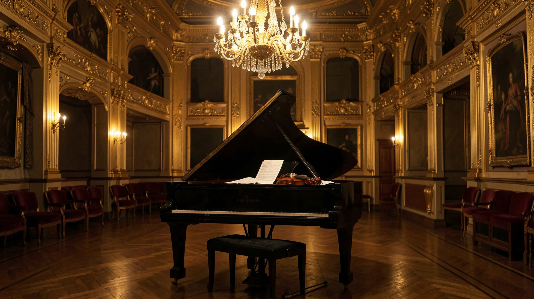 An elegant 18th century concert hall with a grand piano under chandelier light and a violin resting nearby