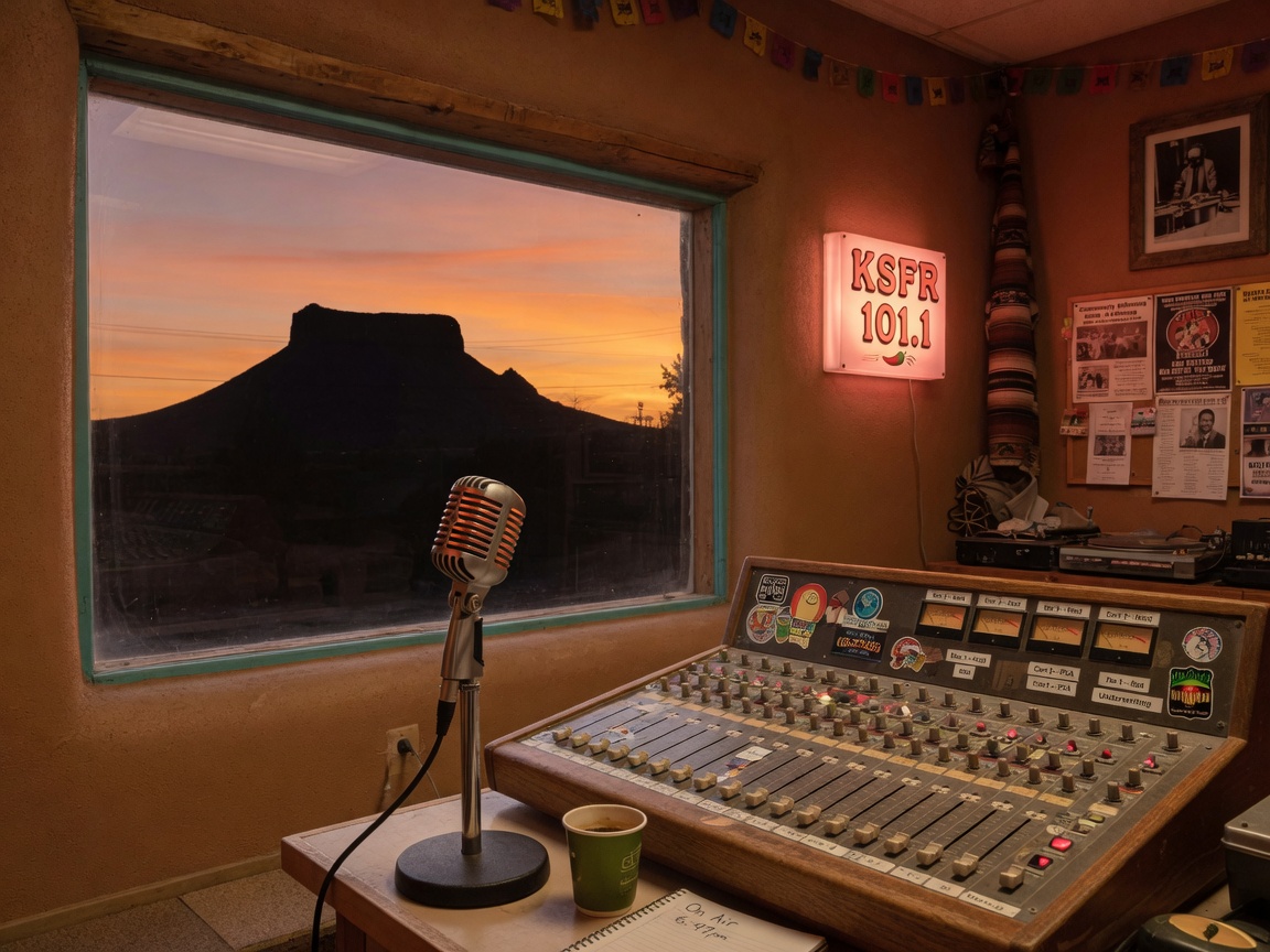A Southwestern adobe-style radio studio at sunset with Pajarito Mountain visible through the window, representing KSFR Santa Fe