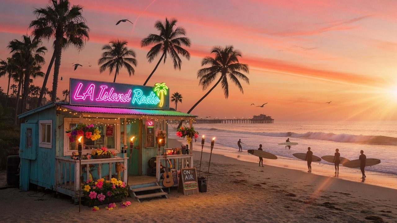 Golden hour over a Los Angeles beach with tiki torches and a glowing LA Island Radio sign, evoking the station's Pacific Island sound
