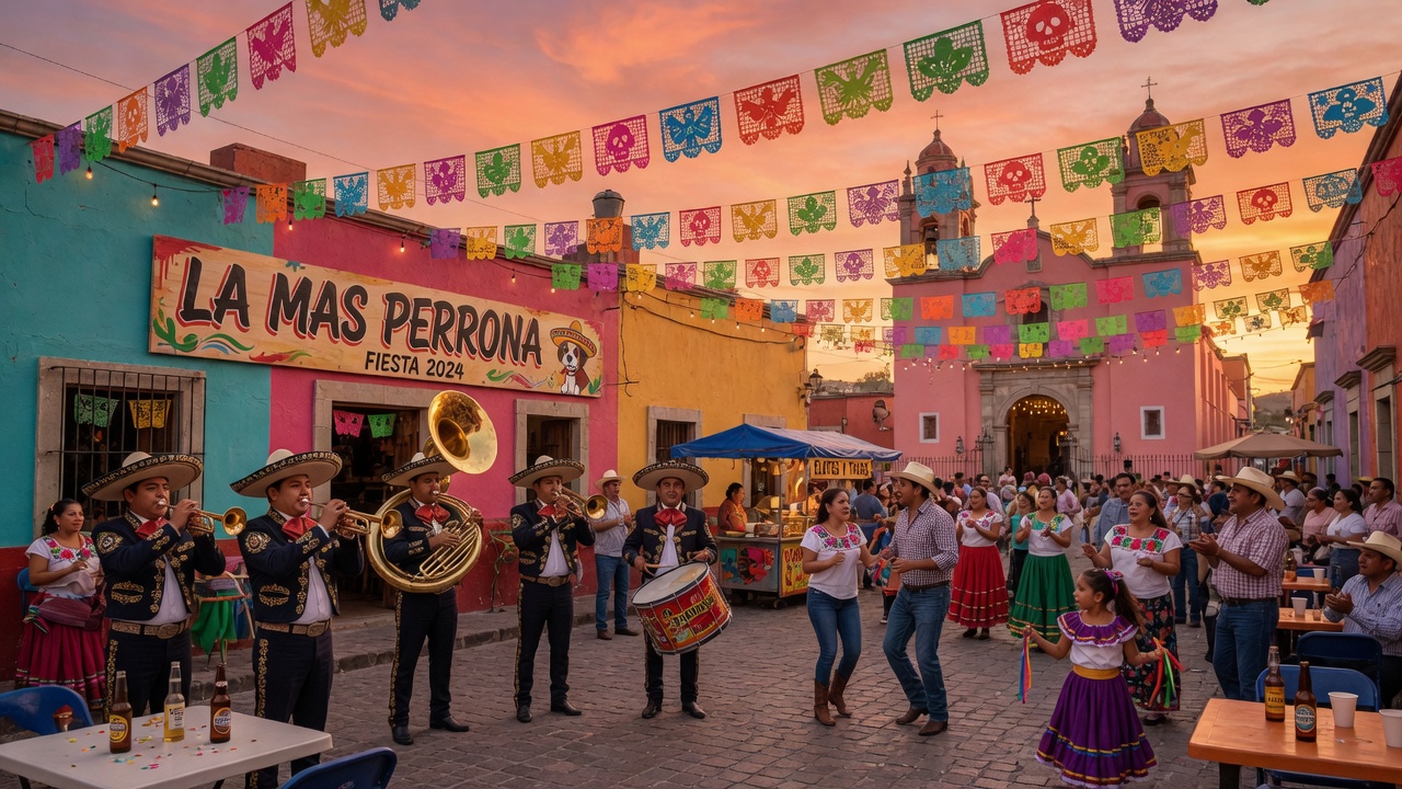 A vibrant Mexican town plaza fiesta at golden hour with a banda playing brass instruments, papel picado banners and a La Mas Perrona sign