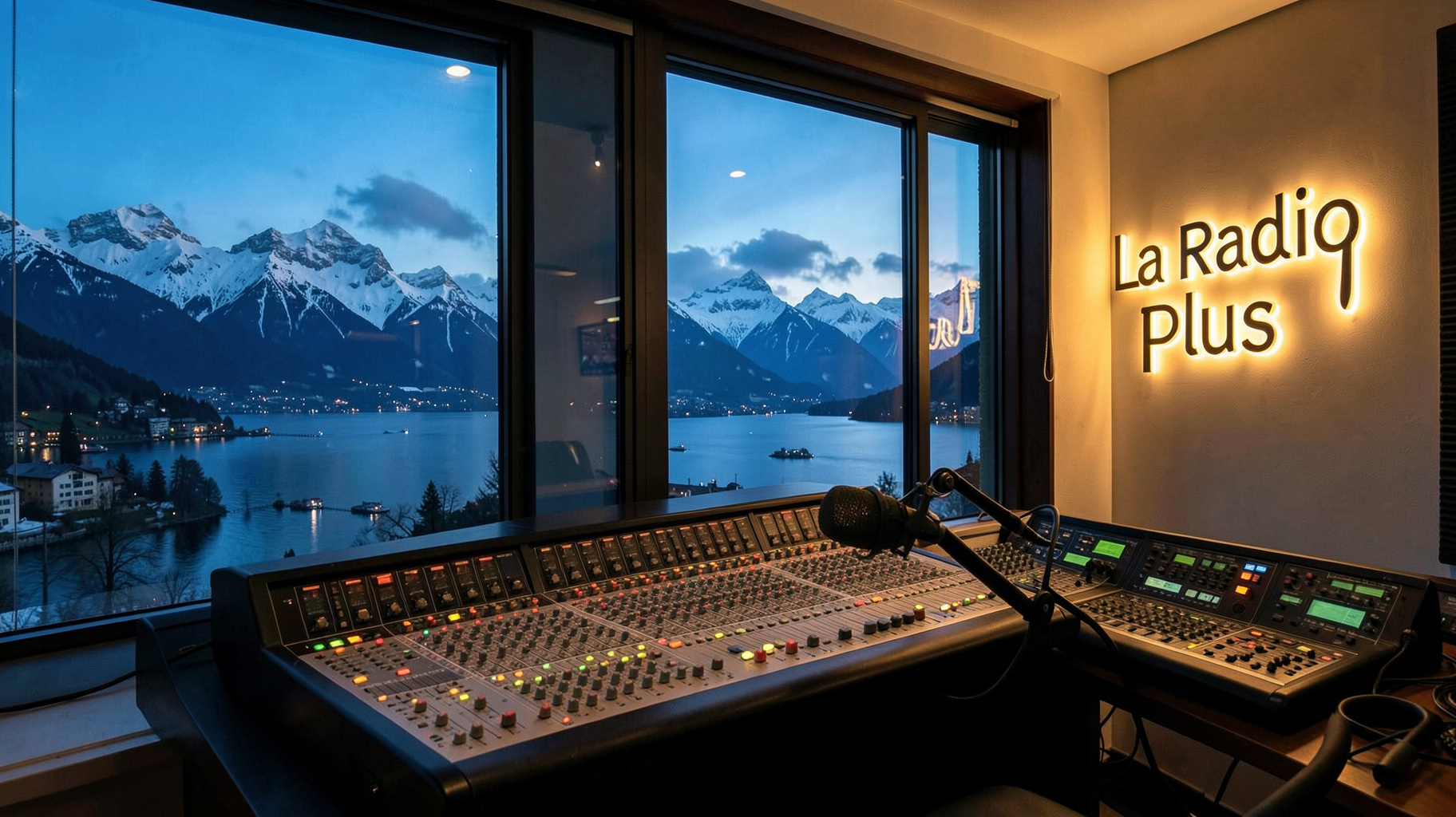 Radio studio overlooking Lake Geneva and the Alps with a sign reading La Radio Plus
