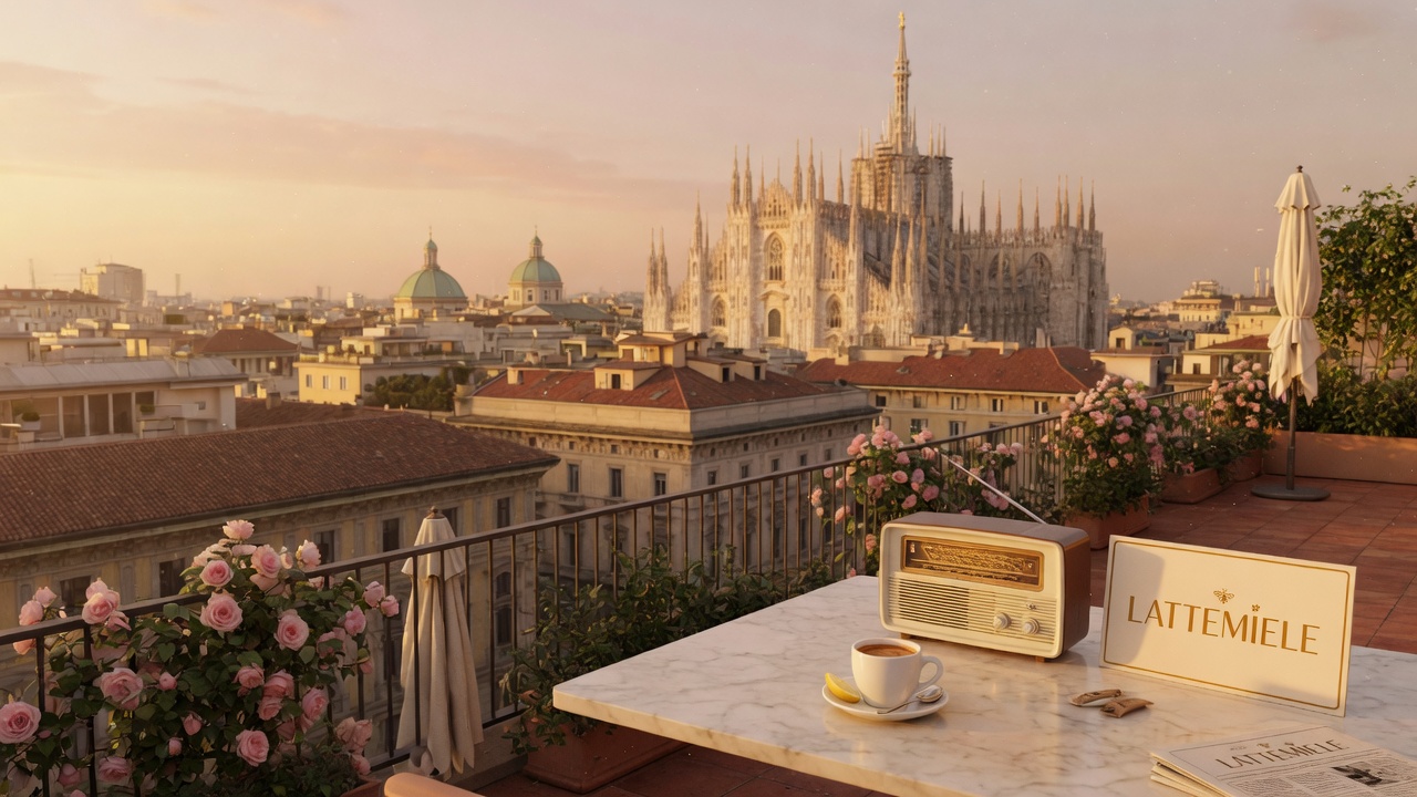 An elegant Italian rooftop terrace at golden hour overlooking Milan's Duomo, with a vintage radio, espresso and a LatteMiele sign