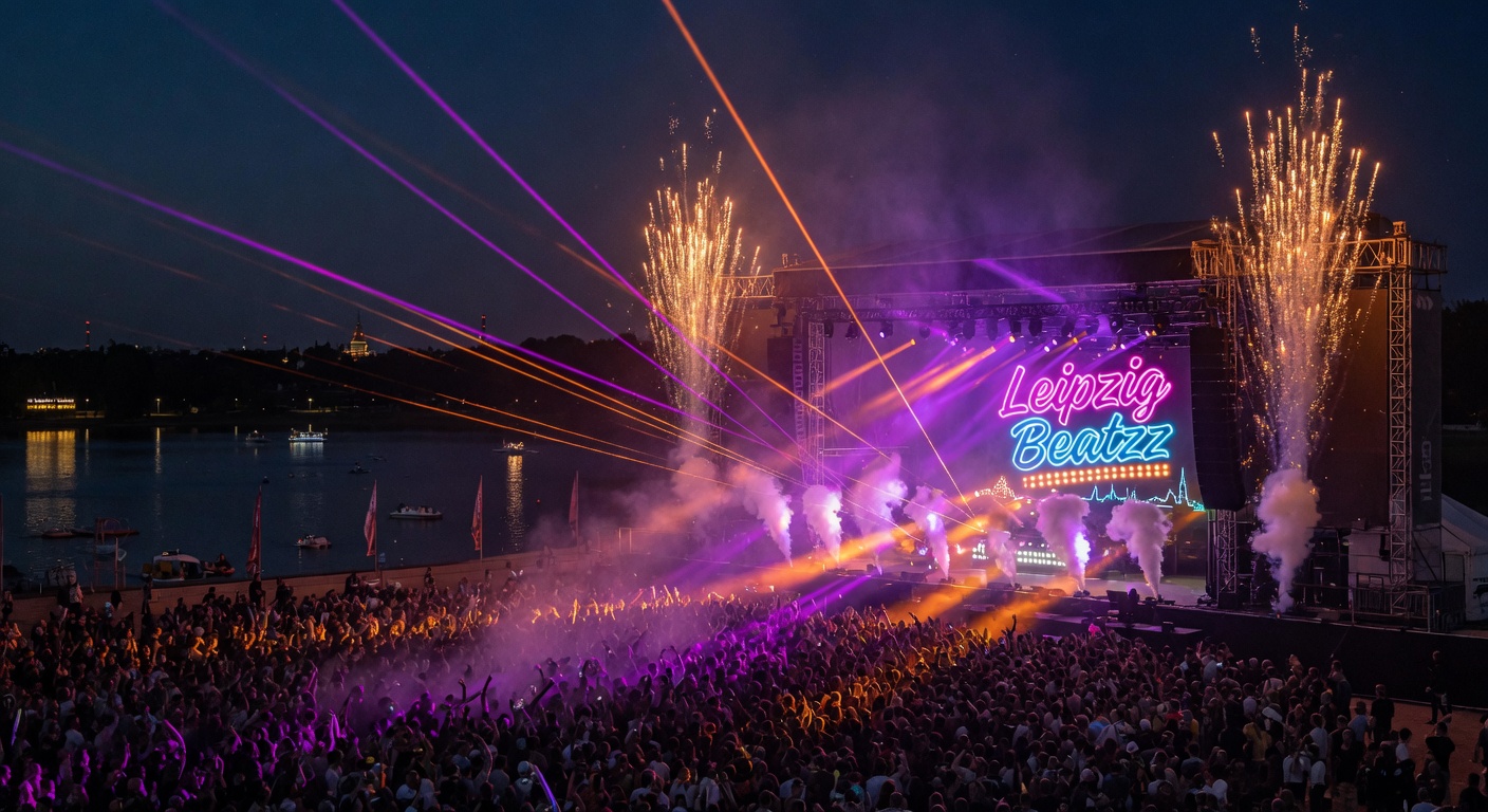 Leipzig Beatzz neon sign glowing above a crowd at an outdoor electronic music festival by a lake at night