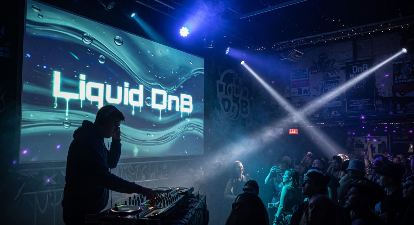 London underground music venue, DJ silhouetted against a Liquid DnB projection screen showing blue water visualizations, atmospheric blue lighting