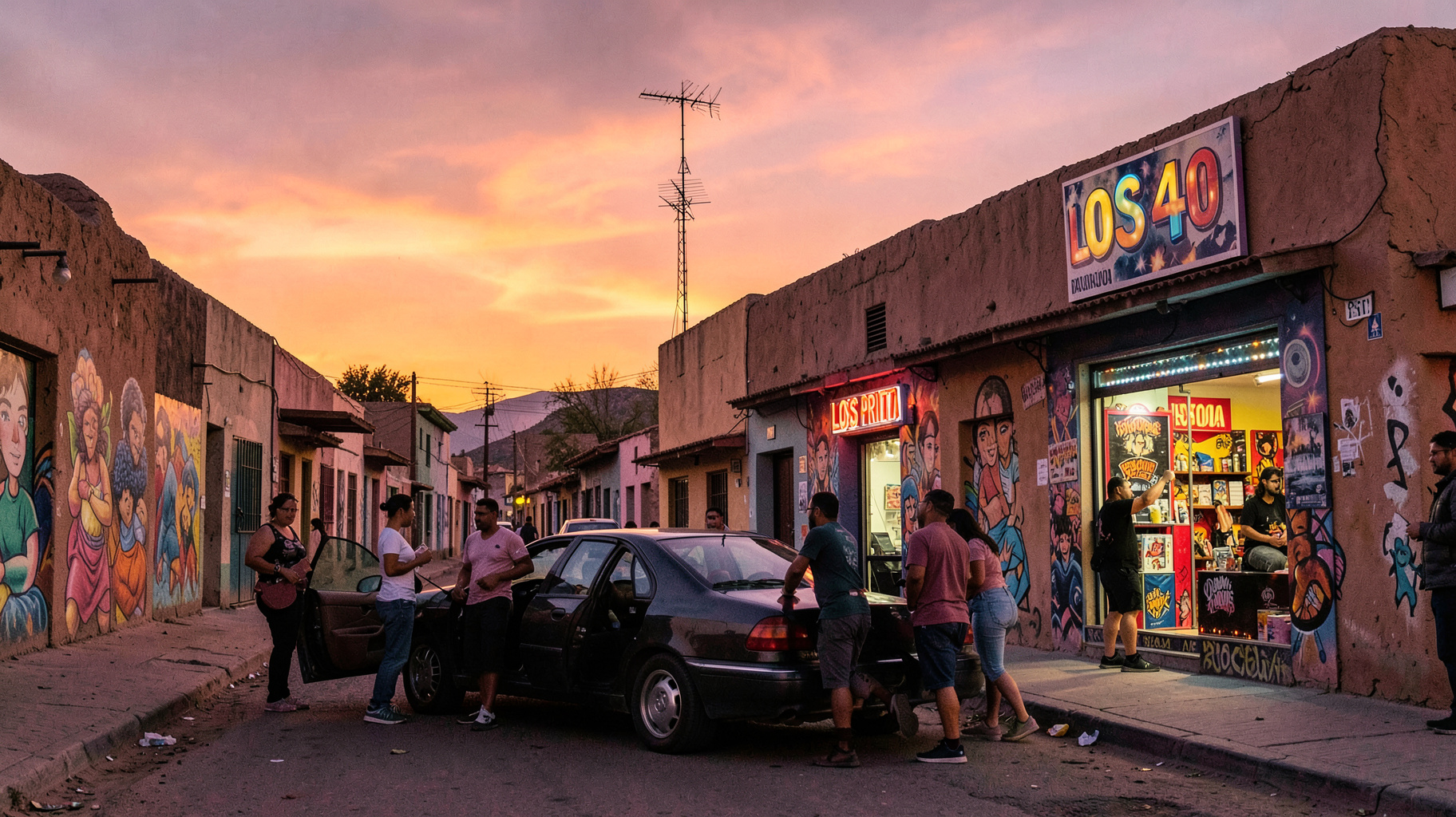 A vibrant desert border town street scene in Agua Prieta at dusk with murals, a radio antenna silhouette, and a glowing LOS40 storefront sign
