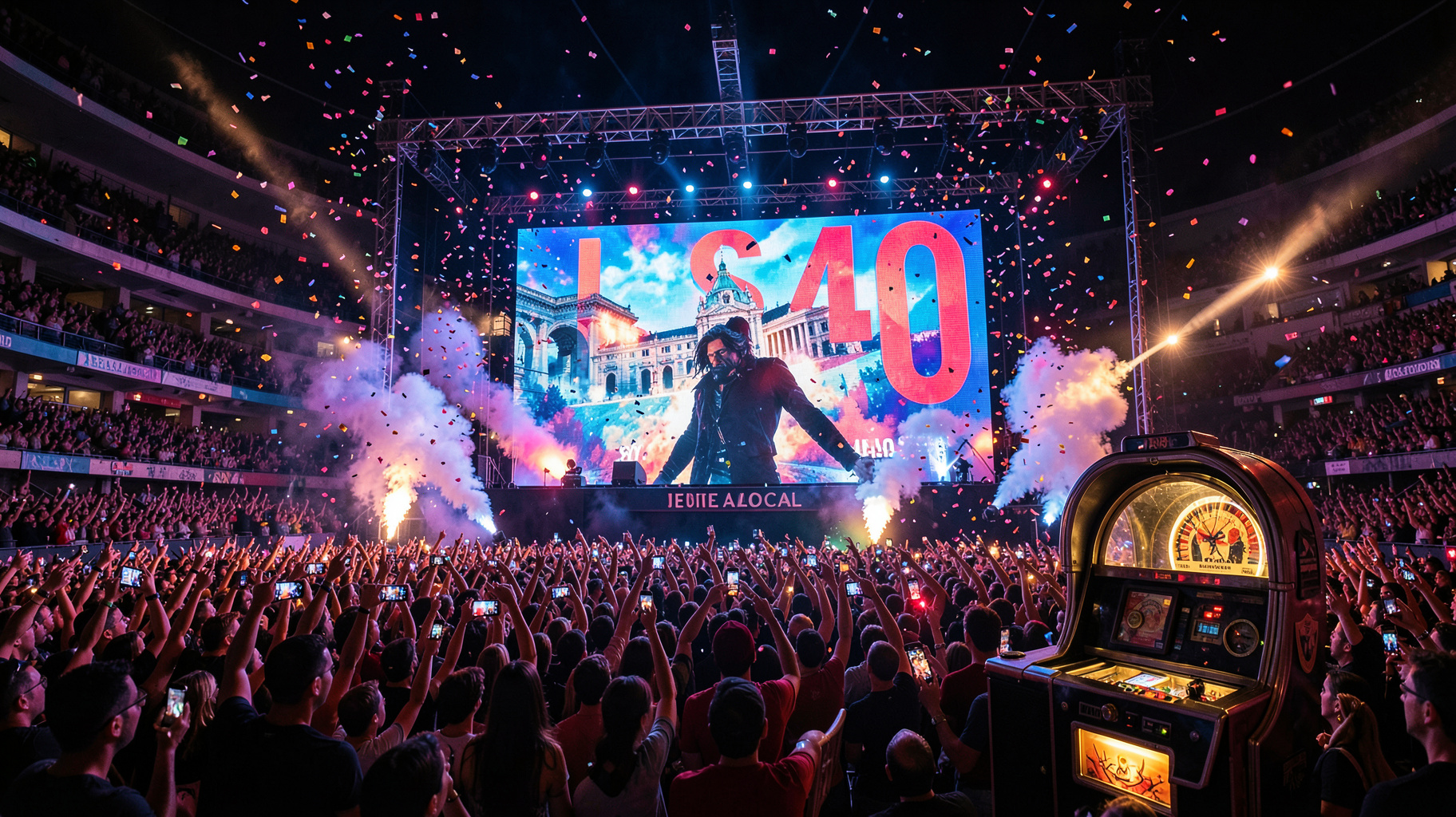 Madrid arena concert with a LED screen reading LOS40 and a vintage jukebox
