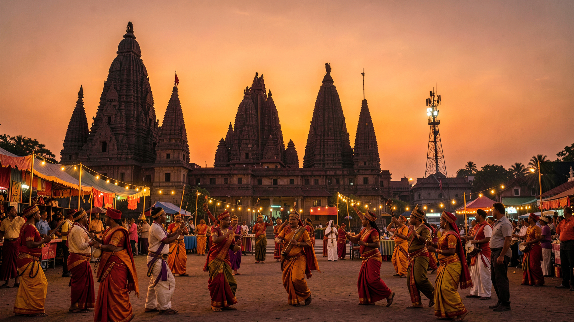 Jagannath Temple spires at dusk in Puri, Odisha, with Odissi dancers performing and a radio tower glowing in the distance
