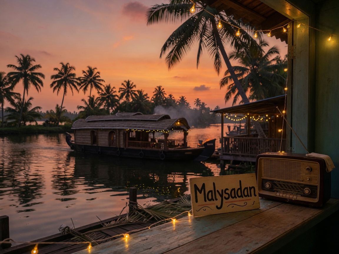 Kerala backwaters at sunset with a houseboat silhouette and a vintage radio evoking classic Malayalam film music