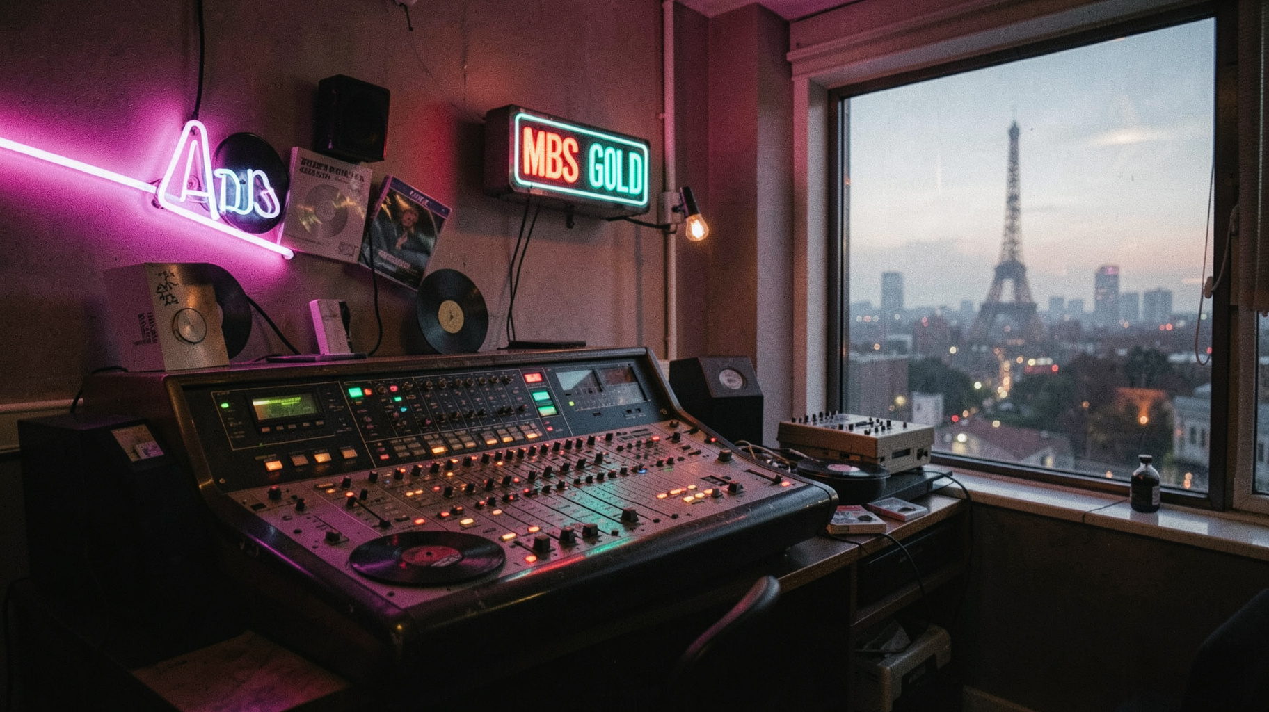A retro 1980s radio studio with neon lights, vinyl records and a glowing MBS Gold on air sign, Paris skyline at dusk through the window