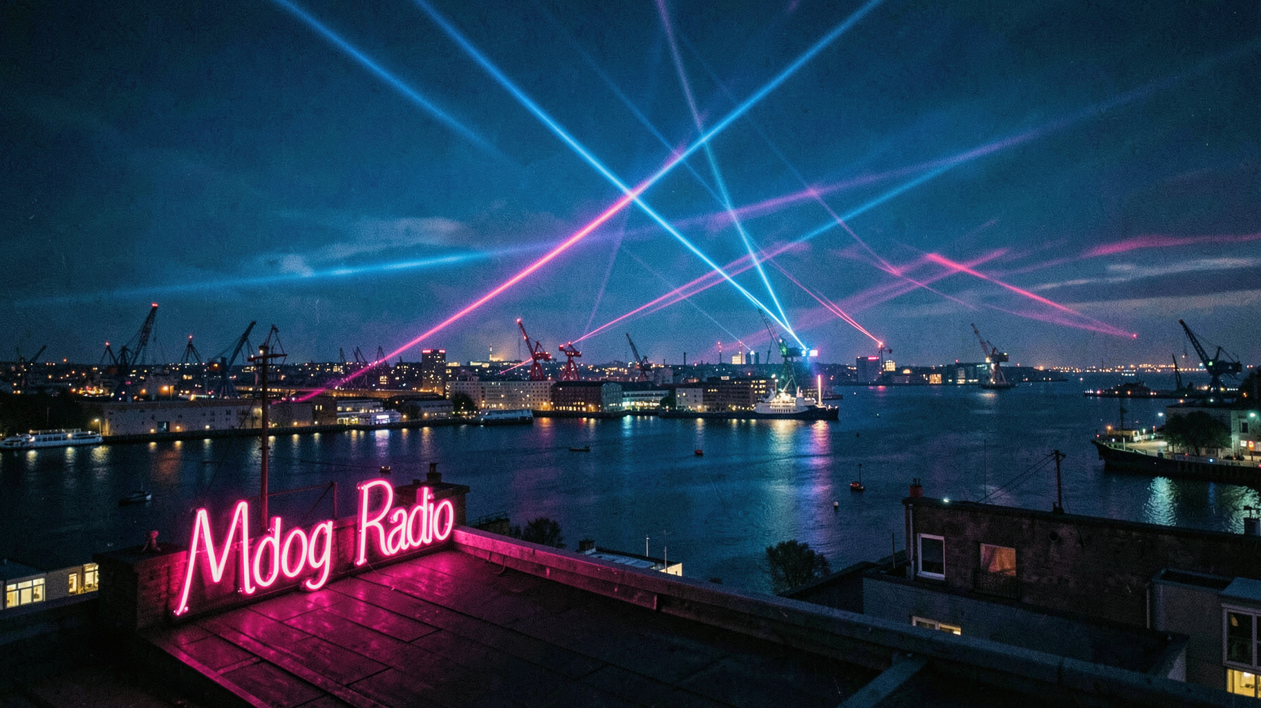 Belfast skyline at night with laser beams and a neon sign reading Mdog Radio