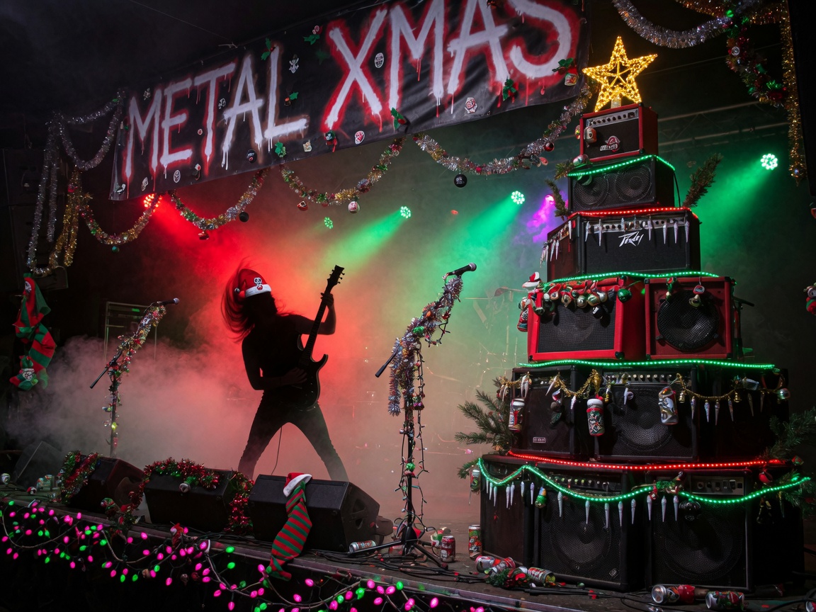 A heavy metal concert stage decorated with Christmas lights and a banner reading METAL XMAS