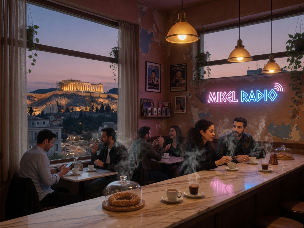 A stylish Athens coffee shop at dusk with a neon Mikel Radio sign and the Acropolis lit in the background