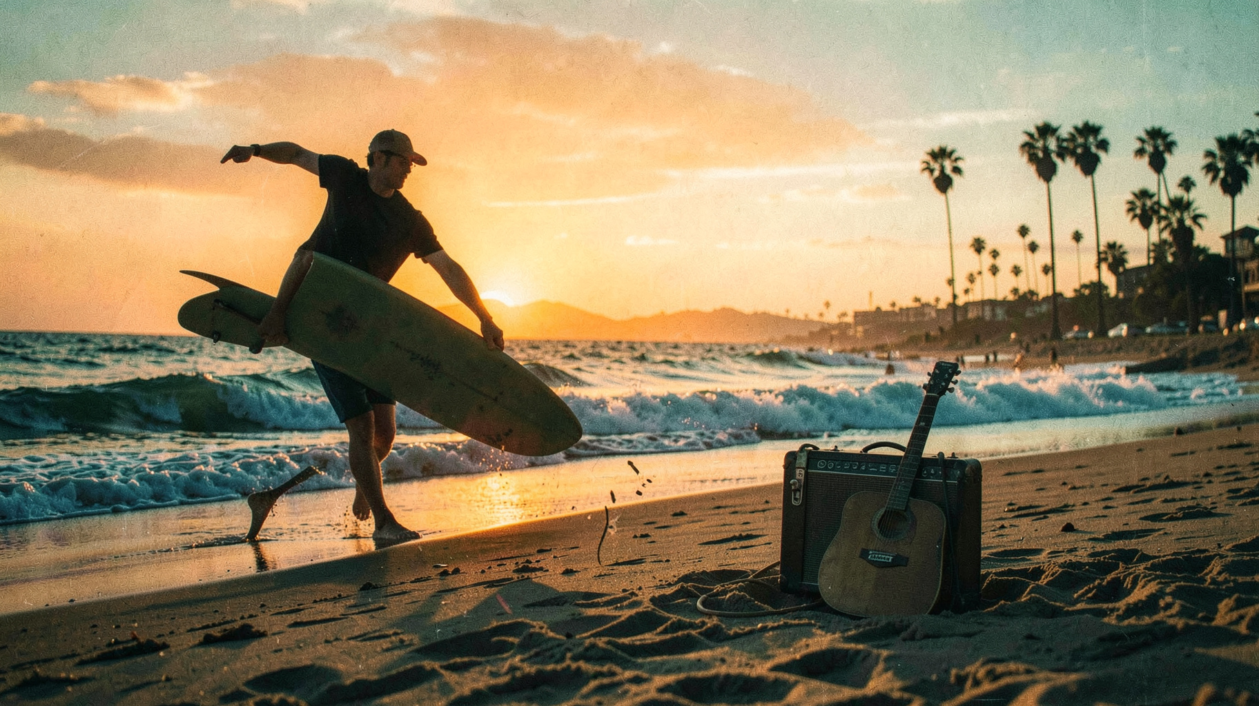 A retro 1960s California beach at sunset with a surfer silhouette and a vintage guitar amplifier in the sand