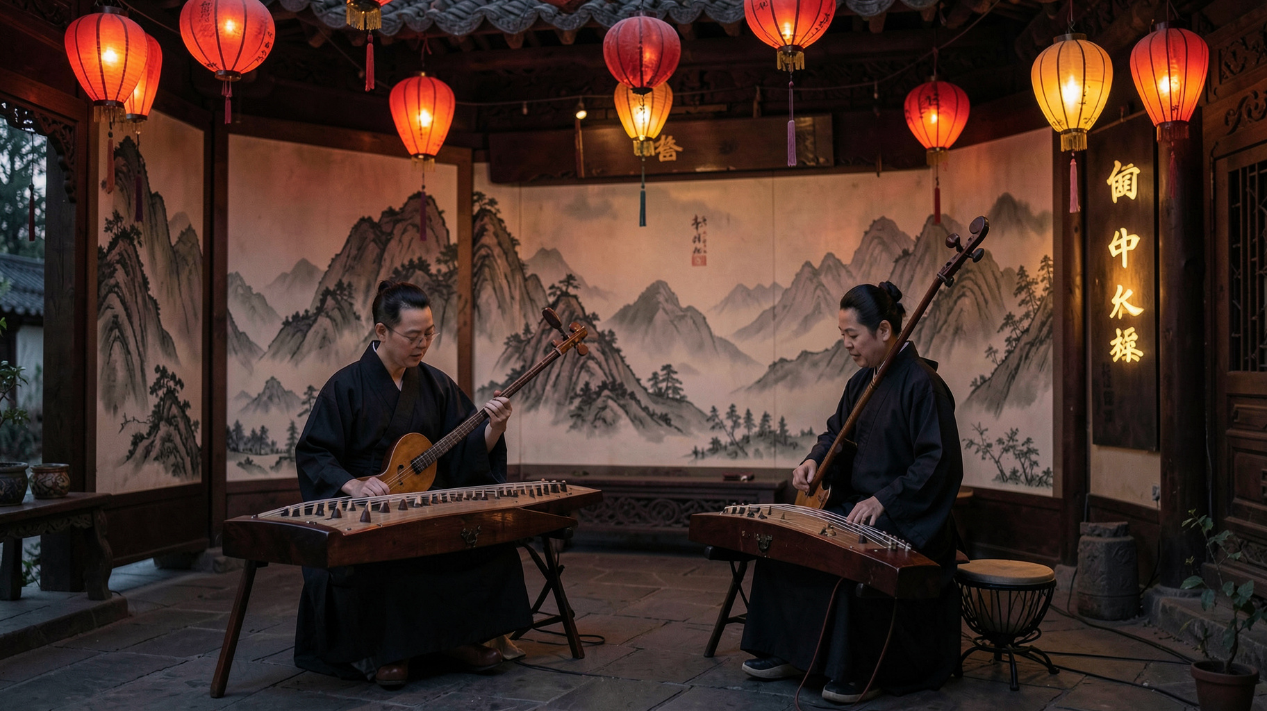 A guzheng and erhu performance in a lantern-lit courtyard, a sign reading Music of China