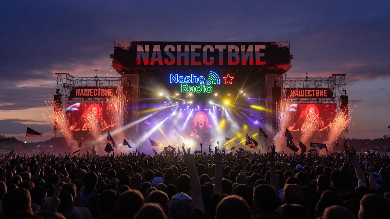 A massive outdoor rock festival crowd at dusk with a Nashestvie stage banner and Nashe Radio logo