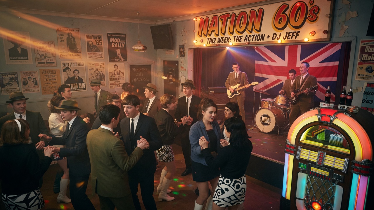 Wide shot of British Mod club in 1965 with Nation 60s marquee sign, dancers in period fashion, warm tungsten vintage atmosphere