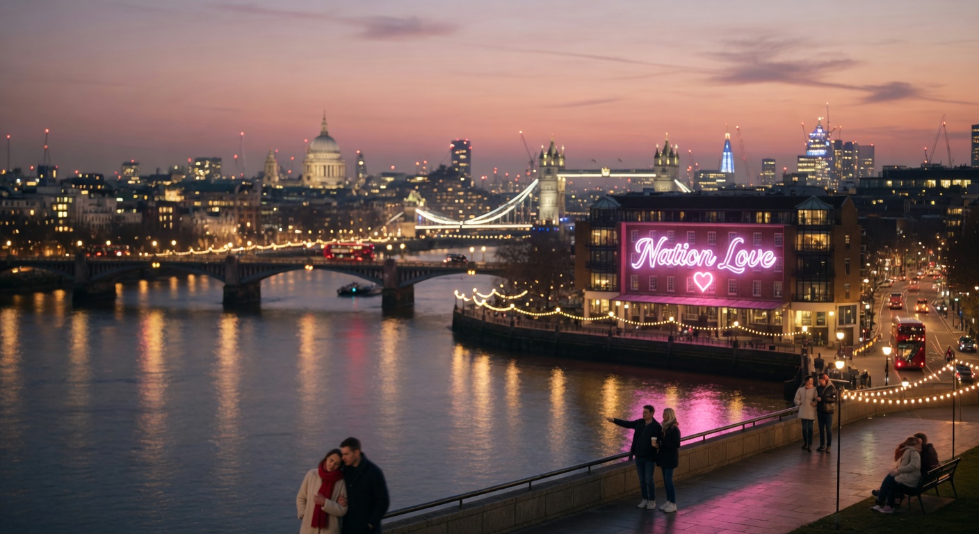 London twilight cityscape with the Thames and city lights, couples walking the South Bank under a glowing Nation Love neon sign