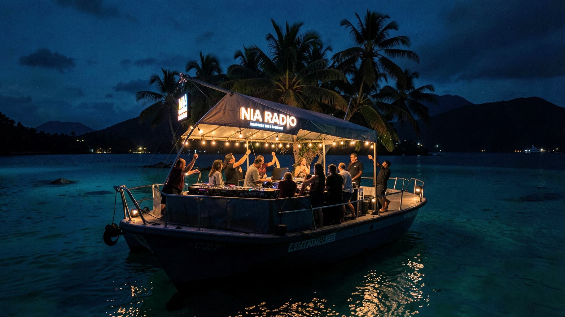 A nighttime boat party on a New Caledonia lagoon with a sign reading NIA Radio