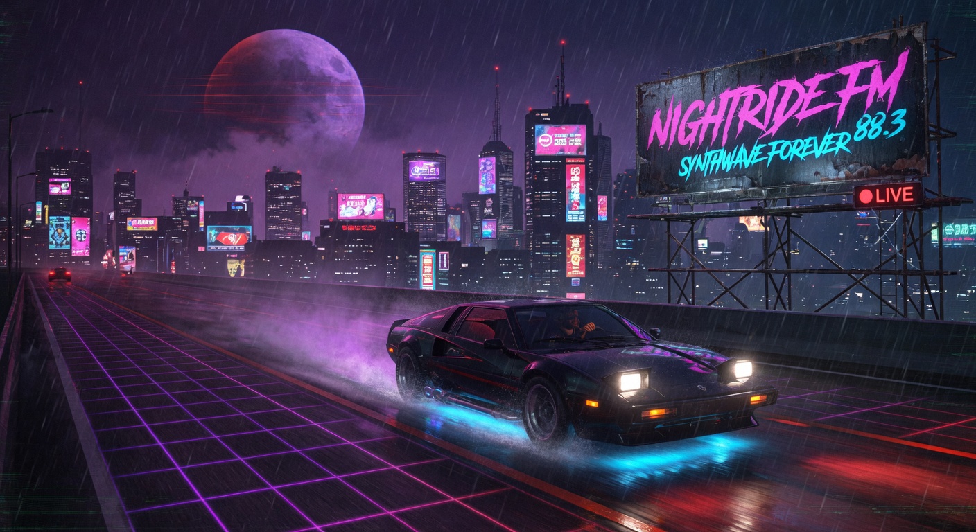 A cyberpunk synthwave night drive, an 80s sports car on a rain-slicked neon highway toward a retro-futurist skyline, with a Nightride FM sign