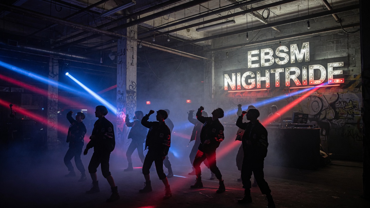 A dark industrial warehouse nightclub with fog, strobe lighting, and an illuminated EBSM NIGHTRIDE sign