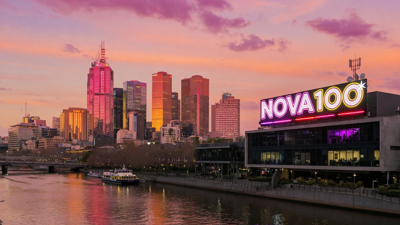 Melbourne skyline at sunset with an illuminated NOVA 100 rooftop sign above a modern radio studio