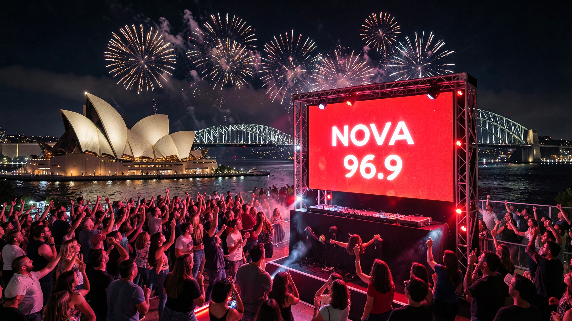 Sydney Harbour night party with a red LED screen reading Nova 96.9