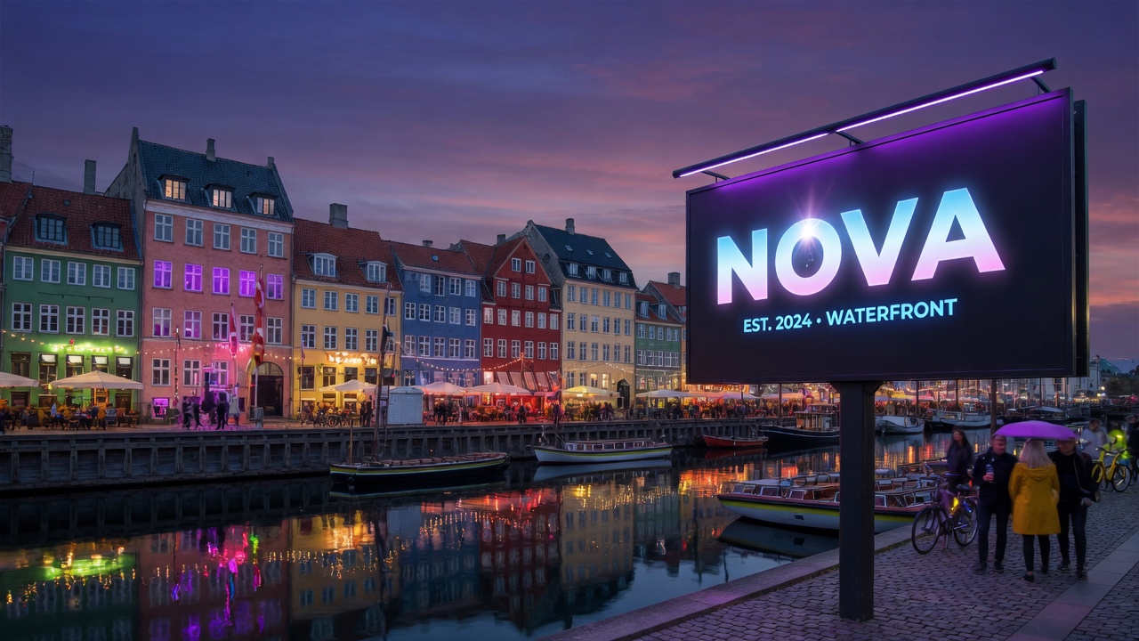 The colorful Nyhavn harbour townhouses of Copenhagen at dusk with vivid lighting and a glowing Nova billboard above the waterfront