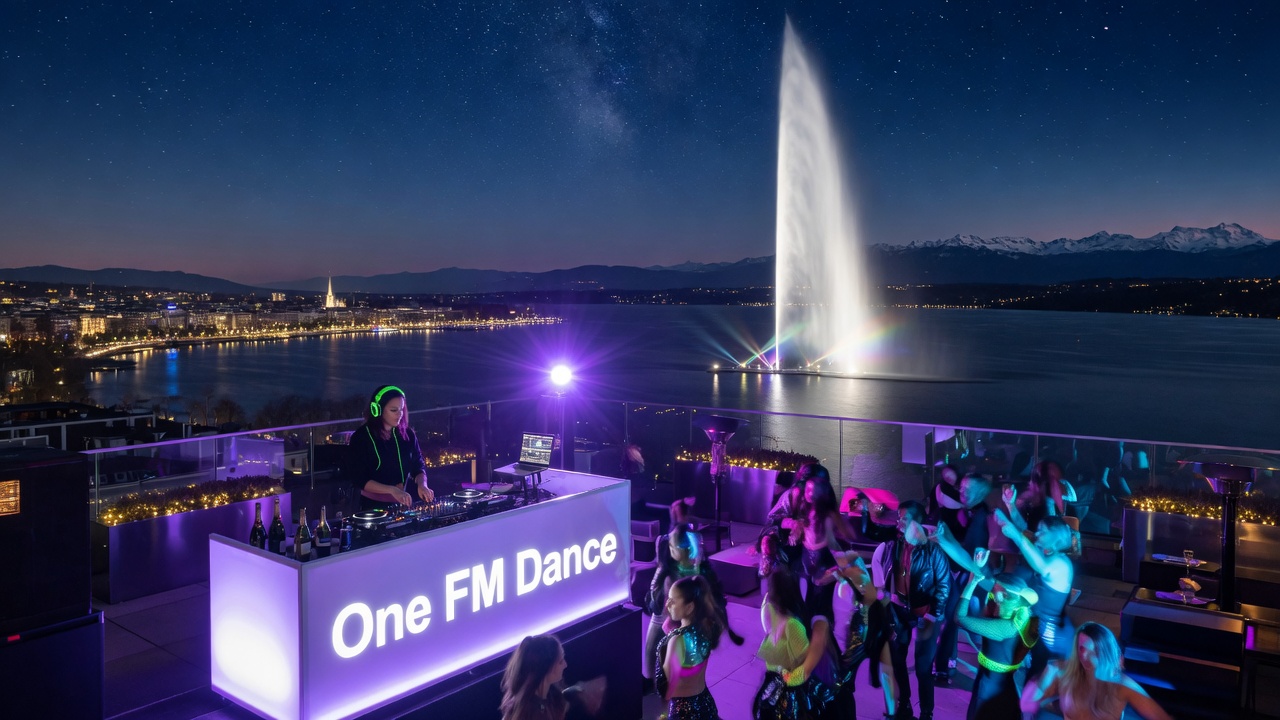 Rooftop club in Geneva at night with DJ booth displaying One FM Dance in LED letters, crowd dancing, Lake Leman and Jet d'Eau visible in background