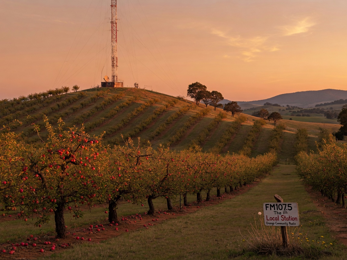 An apple orchard on Mount Canobolas near Orange, NSW at golden hour with a radio transmission tower, representing Orange FM 107.5