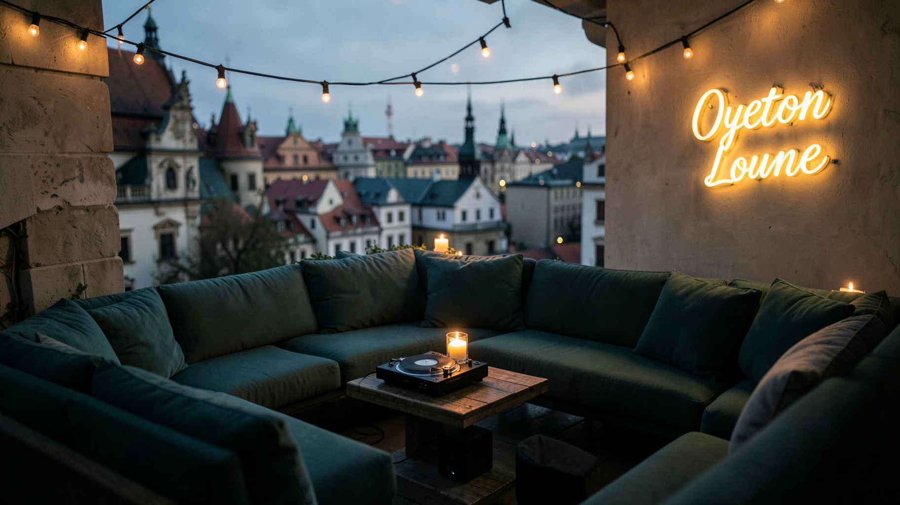 Chillout lounge terrace above Győr with a sign reading Oxygen Lounge
