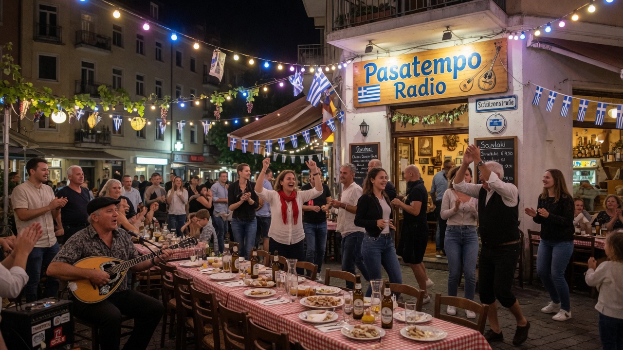 A joyful Greek taverna celebration in Germany with string lights and live bouzouki music, evoking Pasatempo Radio's community spirit