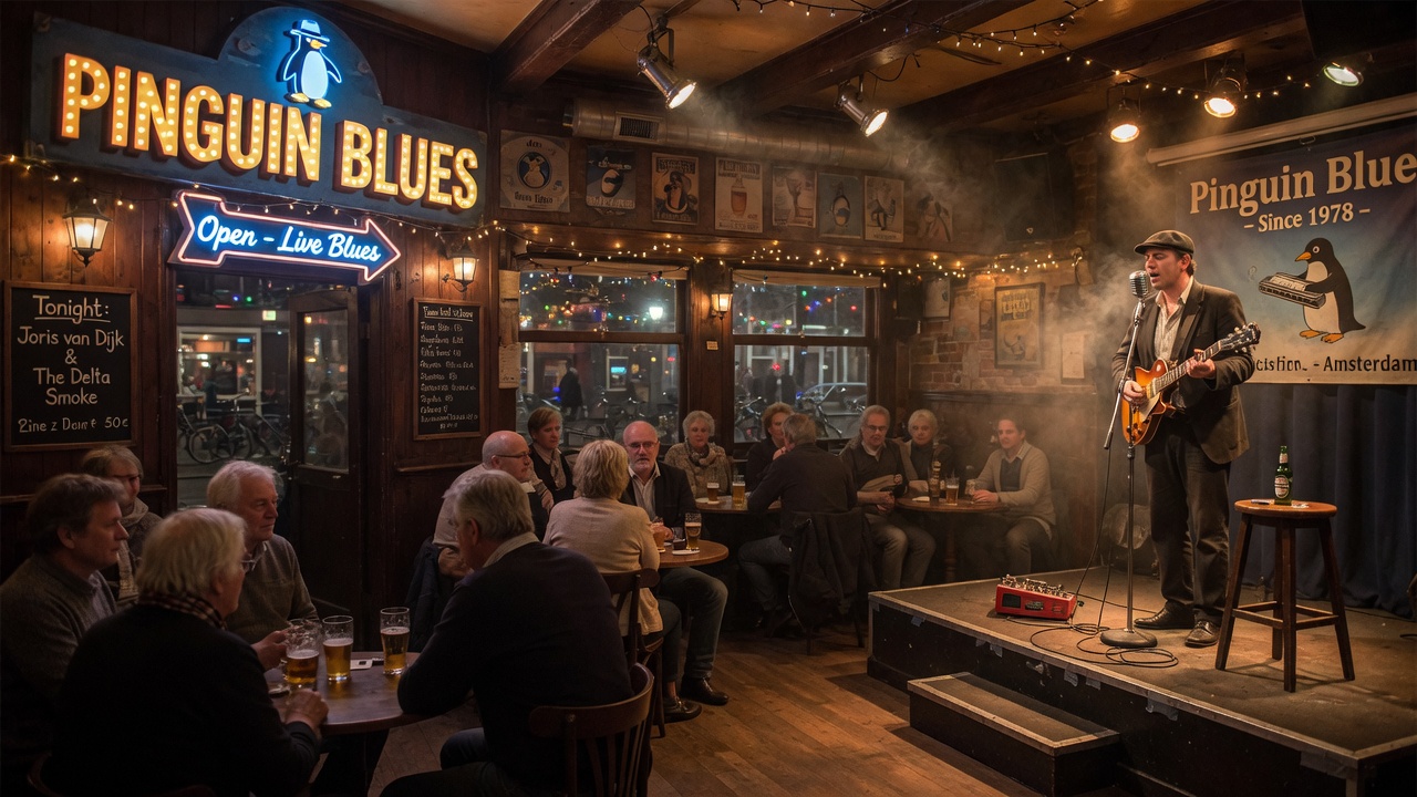 Wide shot of intimate Dutch blues club with Pinguin Blues marquee sign, blues guitarist performing under warm amber stage lights