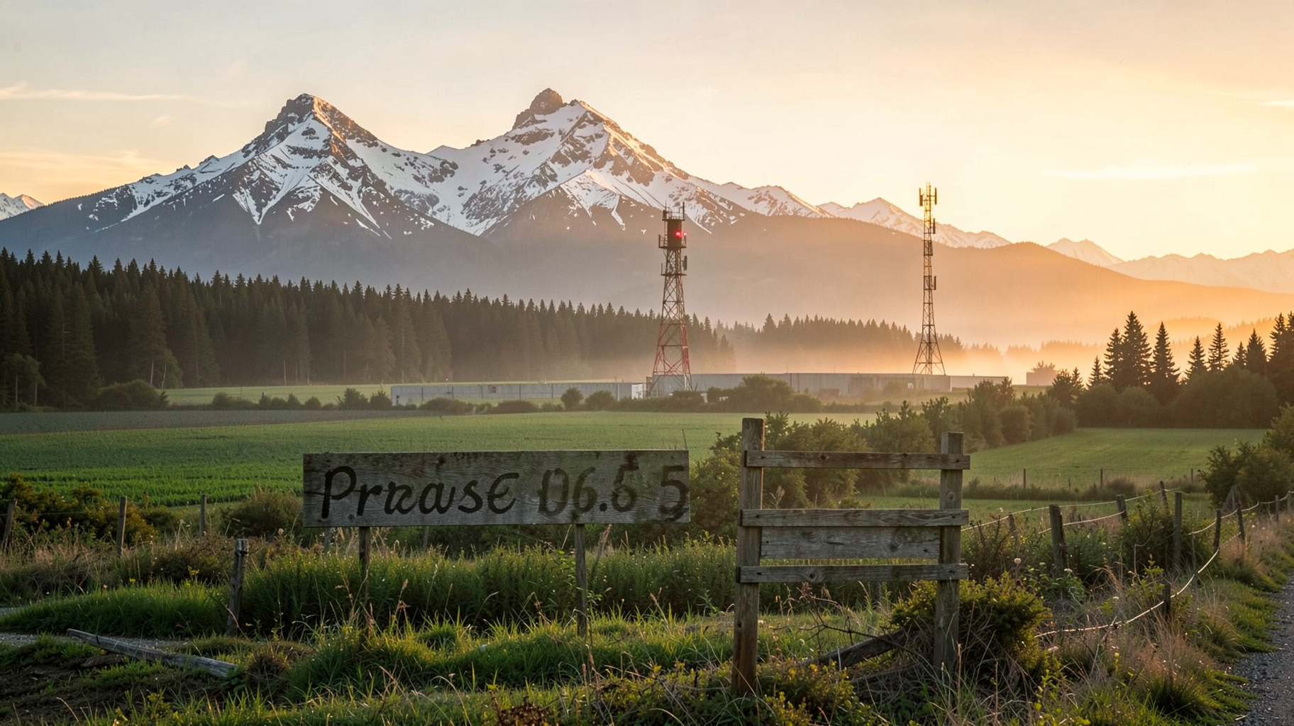 Sunrise over Mount Baker and farmland with a roadside sign reading Praise 106.5