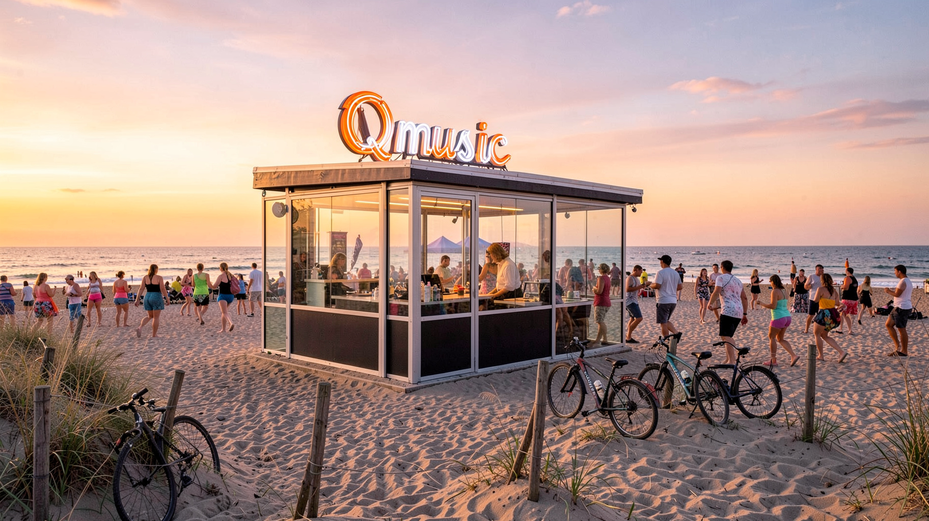 Dutch beach at sunset with a glass radio studio and a neon sign reading Qmusic