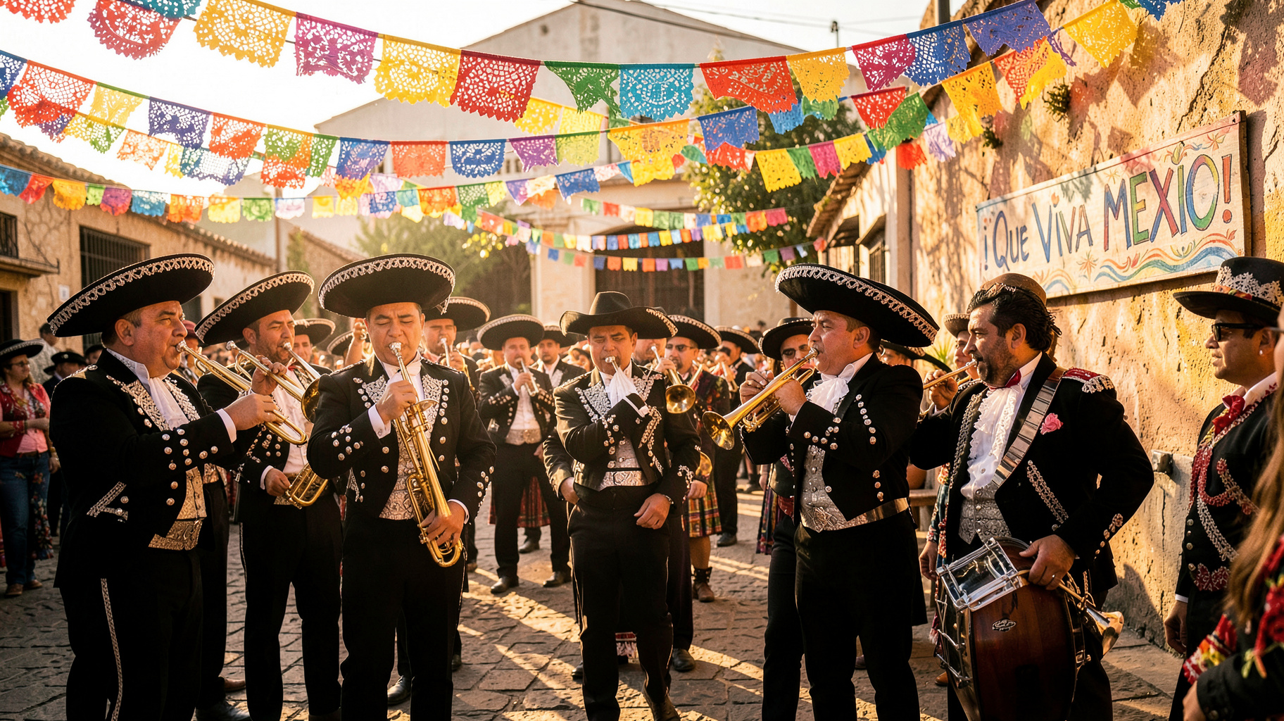 A mariachi band playing in a sunlit plaza with a sign reading Que Viva Mexico