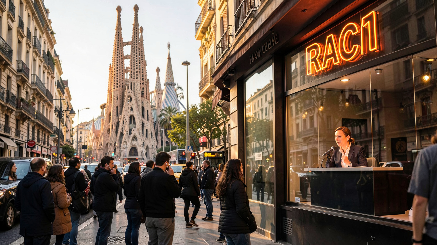 Barcelona morning with a glass studio and a neon sign reading RAC1