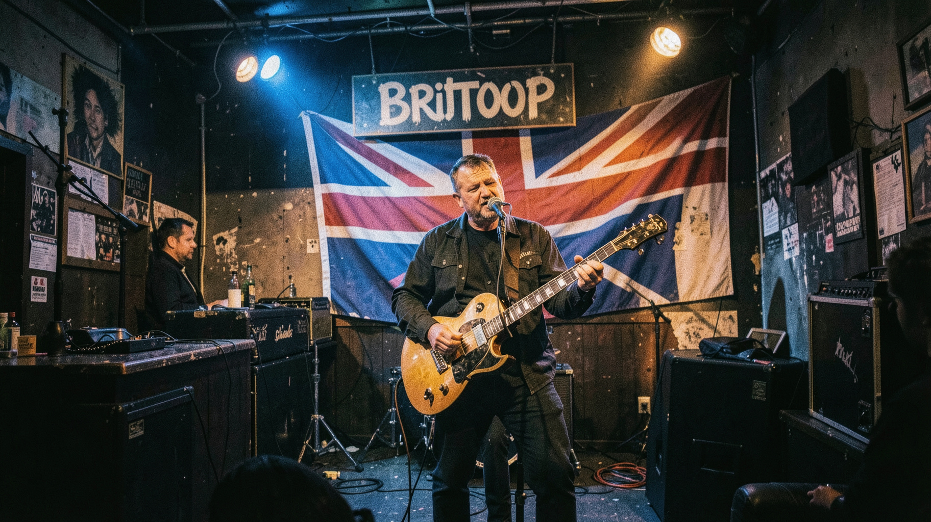 A 1990s indie rock club stage with a sign reading Britpop