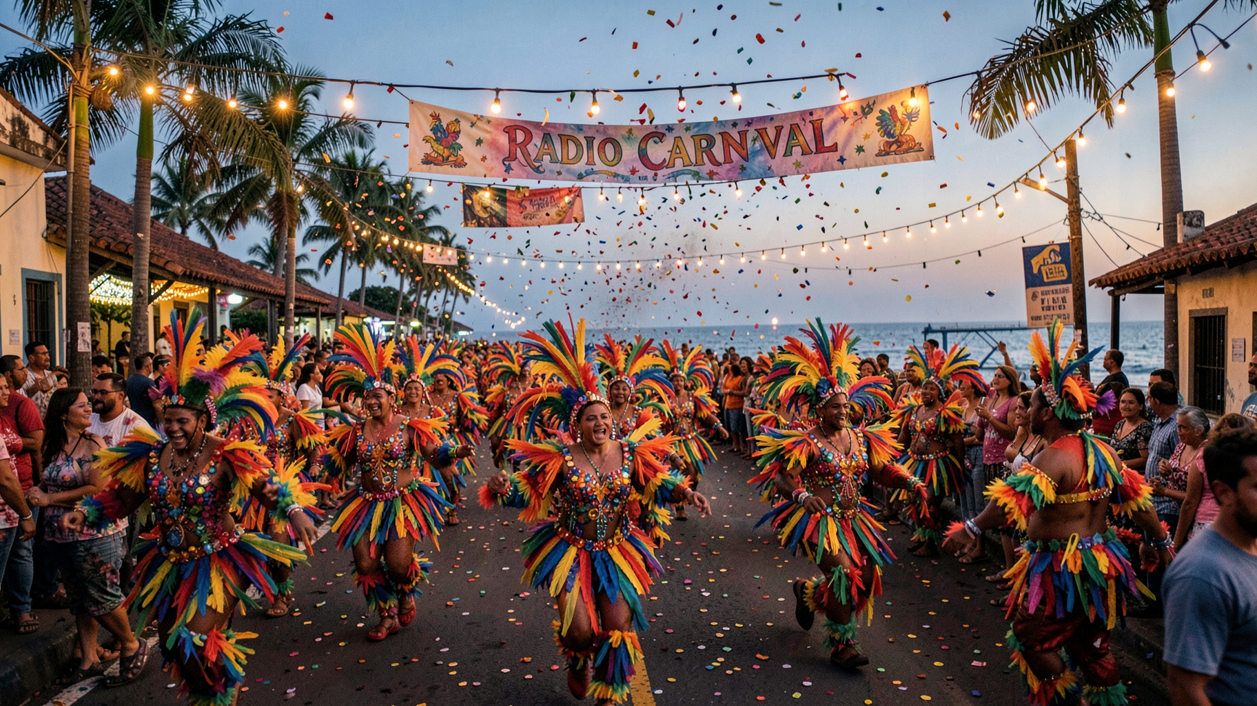 A colorful carnival parade along a Veracruz boulevard with a Radio Carnaval banner