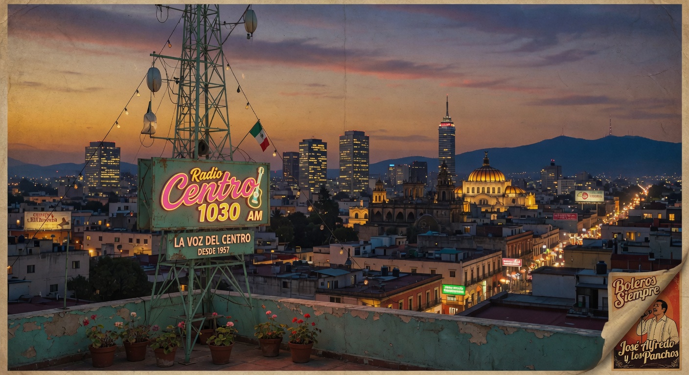 Mexico City skyline at dusk with a vintage Radio Centro 1030 neon radio tower in the foreground, golden and purple tones