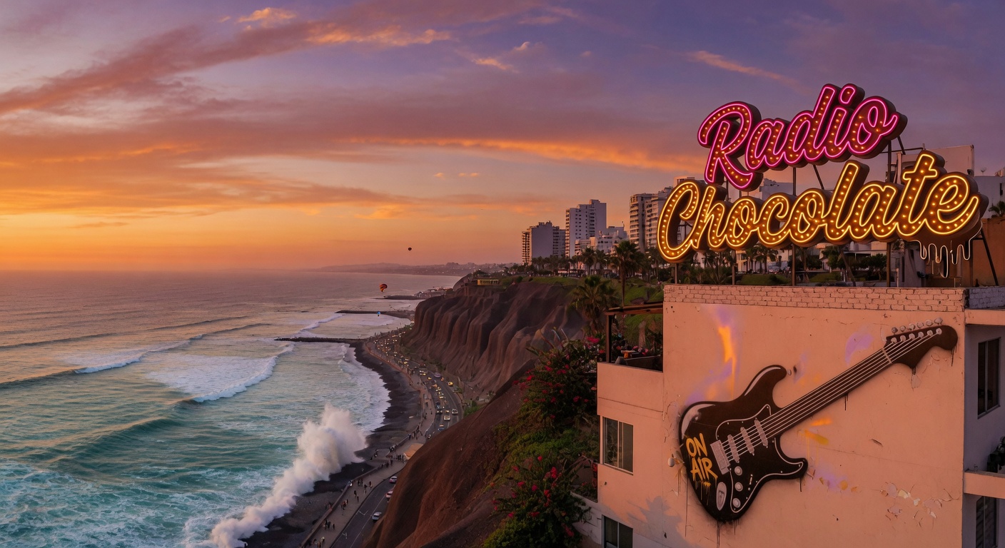 Lima Peru Miraflores coastline at sunset with Pacific waves crashing against cliffs, a glowing Radio Chocolate neon sign on a clifftop building