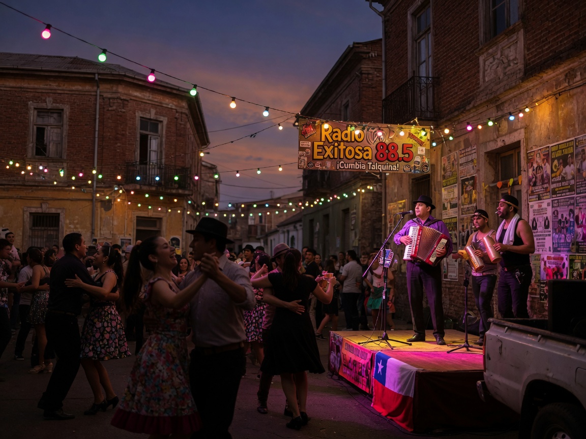 A cumbia street party at dusk in Talca, Chile, representing the tropical dance music format of Radio Exitosa