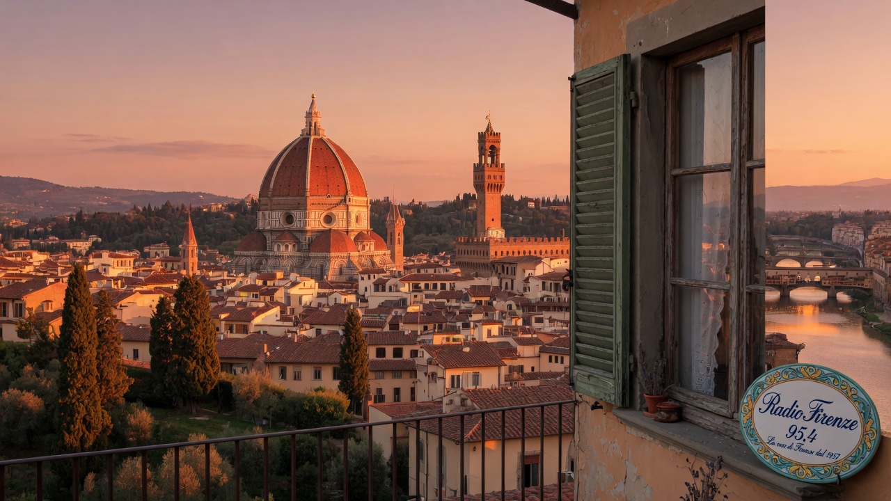 Florence Italy from a hilltop at golden hour, the Duomo dome visible above terracotta rooftops, a Radio Firenze 95.4 ceramic sign beside an open Florentine window