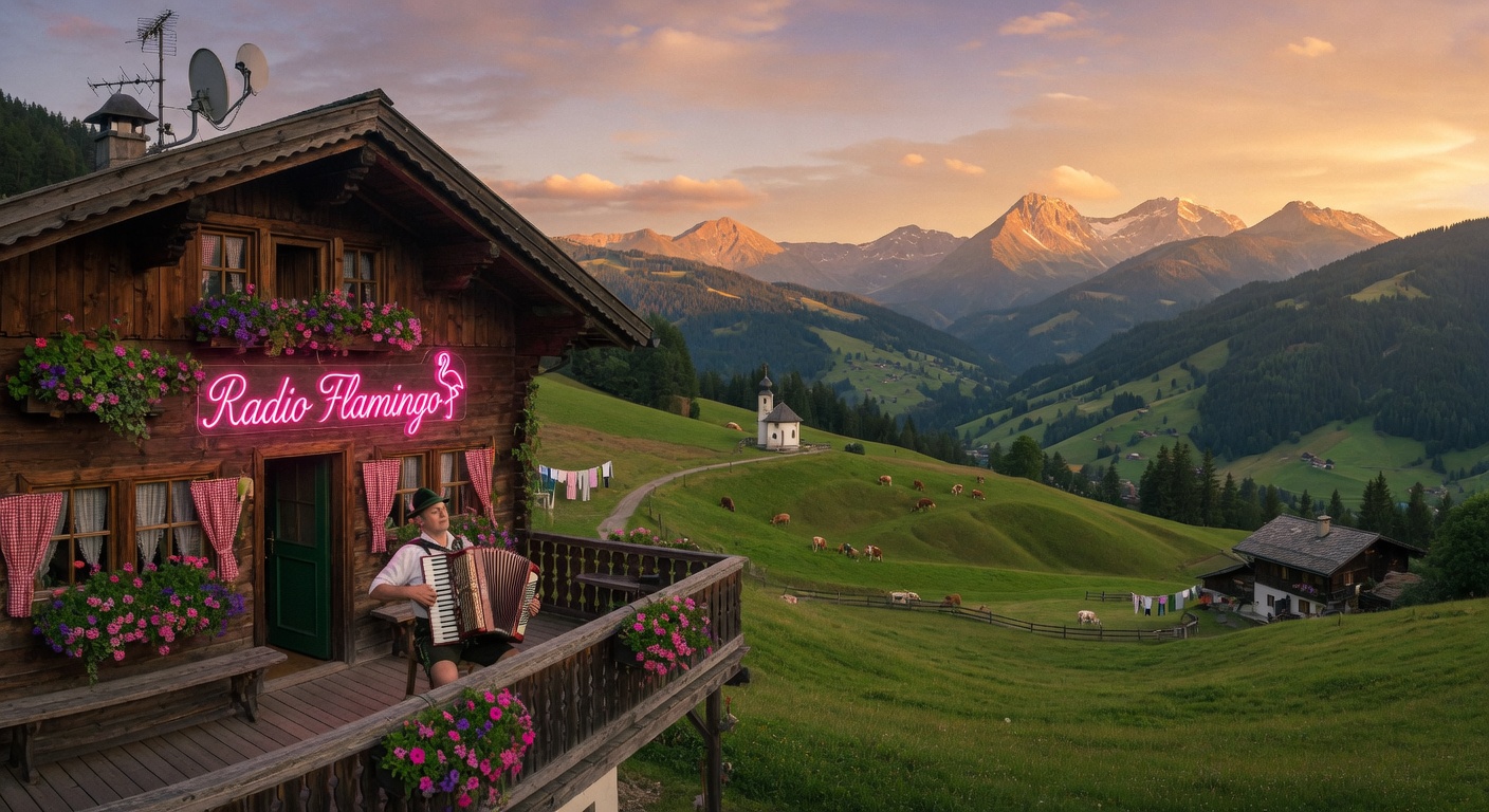 Wide panoramic Austrian alpine valley with Radio Flamingo neon sign in pink, accordion player, mountain backdrop at golden hour