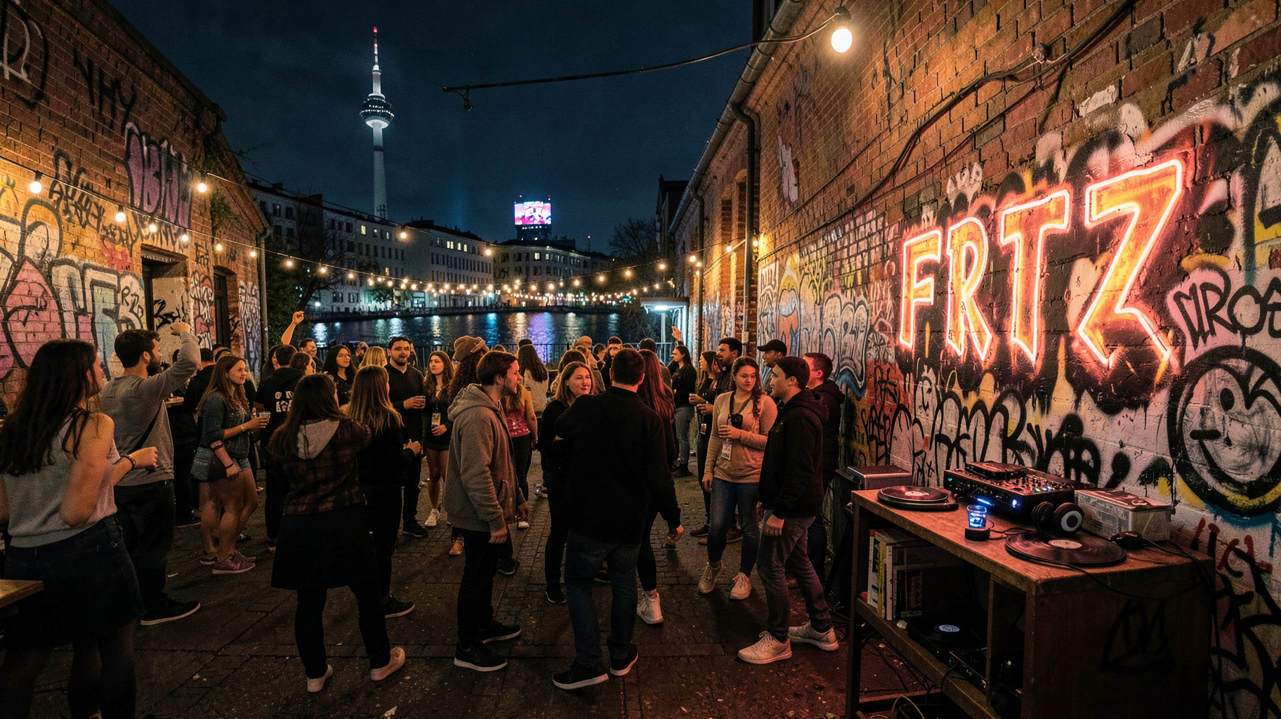 Berlin courtyard club at night with a mural reading Fritz