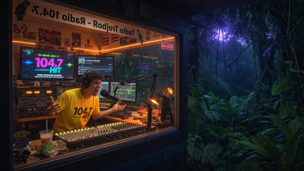 Costa Rica radio broadcast booth at night with DJ at microphone, screens showing 104.7 HIT, rainforest visible through the window