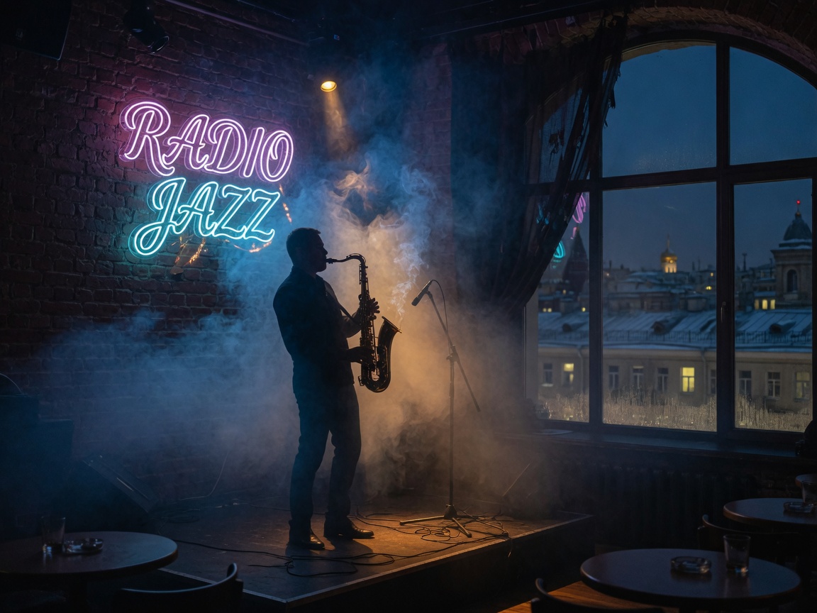 A saxophonist silhouette on a dim jazz club stage with a glowing Radio Jazz neon sign and Moscow rooftops visible through a window