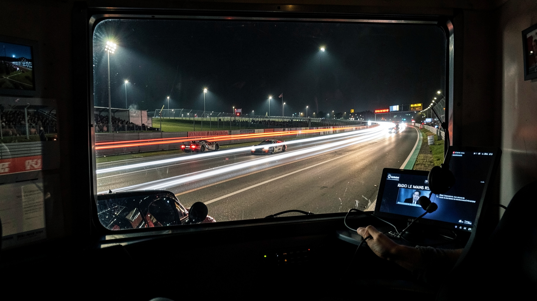 Long exposure light trails from race cars on the Circuit de la Sarthe at night with a commentary booth window glowing Radio Le Mans RS3